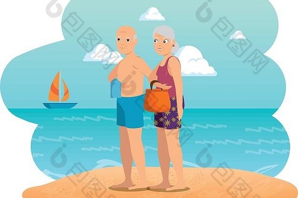海滩海景上的祖父母夫妇
