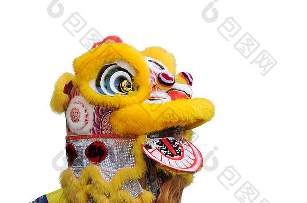 白色背景上的中国舞狮服装特写镜头