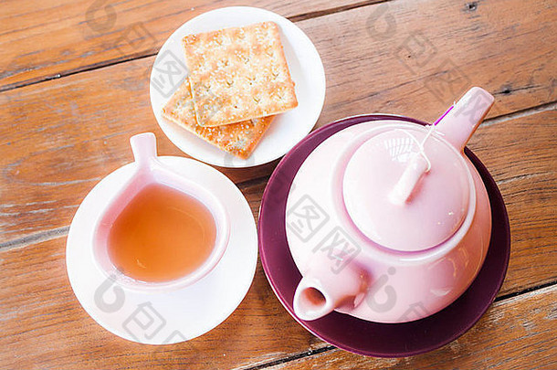 顶视图热杯茶具，库存照片