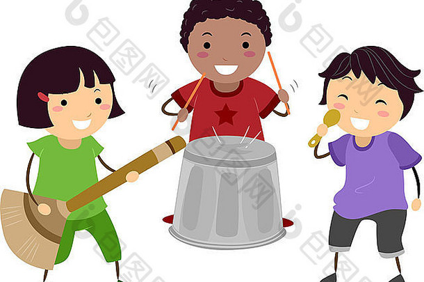 孩子们玩想象中的鼓、吉他和麦克风的插图