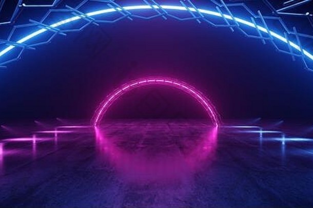 霓虹灯发光的弧阶段紫色的<strong>蓝色</strong>的金属建设混凝土<strong>隧道</strong>走廊大厅工作室网络宇宙飞船复古的现代sci未来主义的激光