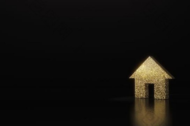 金光闪闪的家的象征，门在黑色背景上3D渲染，模糊反射，闪烁