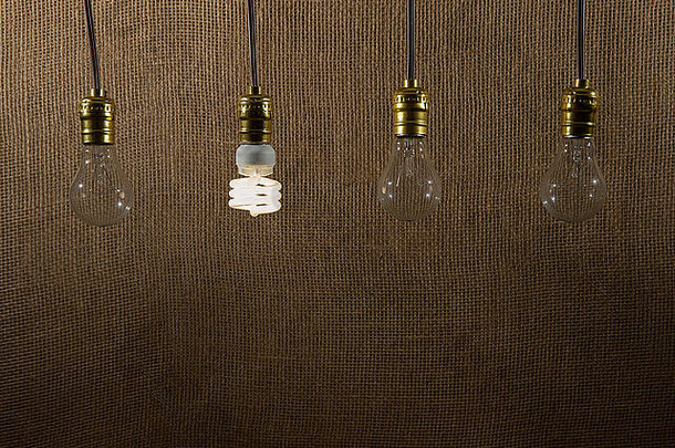 悬挂式CFL（紧凑型荧光灯）灯泡和三个关闭的白炽灯泡。纹理，自然的背景。