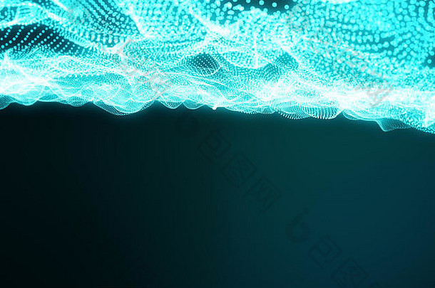 三维渲染抽象多边形波浪背景，点线相连。连接结构。电脑显示器。流波动蓝线和蓝点