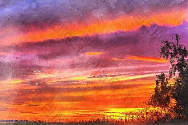 美丽多彩的夕阳映在湖面上，五颜六色的画看起来像一幅画