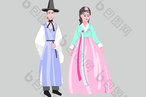 穿着韩国传统服装的情侣，穿着韩国韩服