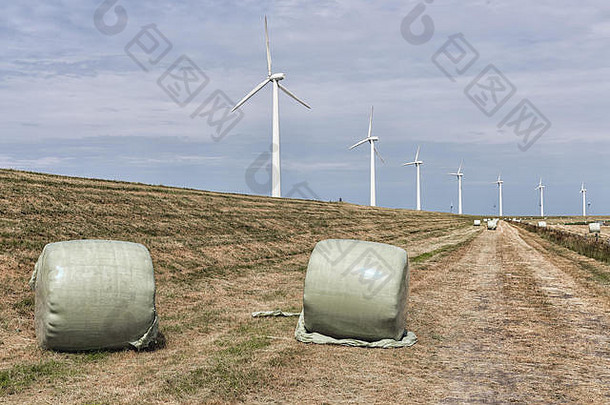 用<strong>塑料包装袋</strong>包装的干草捆和风力发电场
