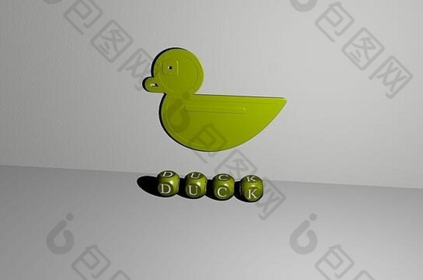 鸭子的3D表现，墙上有图标，镜子地板上有金属立方体字母排列的文本，用于概念含义和幻灯片演示。鸟兽