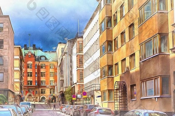 街小镇色彩斑斓的绘画赫尔辛基芬兰