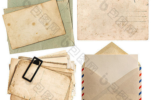 信封、航空邮件和明信片以白色背景隔开。复古设计论文