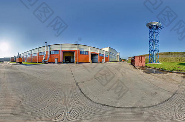 白俄罗斯格罗德诺——2017年10月10日：现代废物危险回收厂和仓库360全景图。在equire中全方位360 x 180度全景