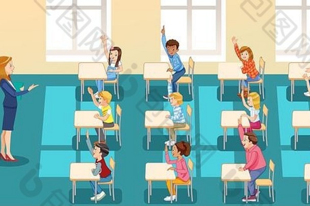 教育小学学校学习人概念集团学校孩子们老师坐着教室提高手