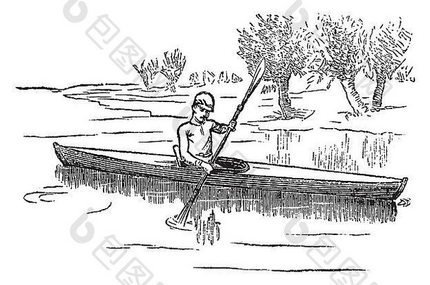 独木舟加拿大独木舟古董雕刻刻插图男人。划独木舟湖