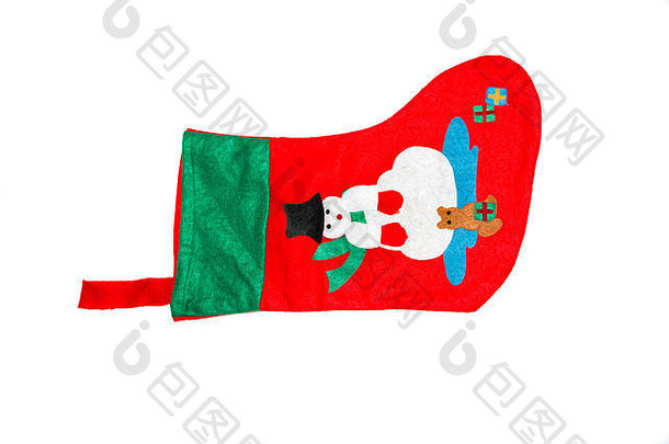 圣诞袜，圣诞雪人装饰。在白色背景上隔离