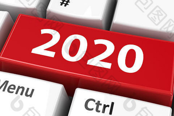 带2020键的电脑键盘、三维渲染、三维插图