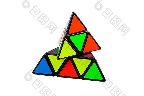 简单的摘要色彩斑斓的金字塔三角逻辑谜题玩具对象孤立的白色流离失所的元素创造力情报运动改变