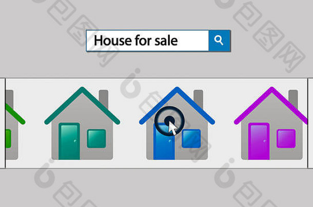 带文本的搜索框：待售房屋、在线房地产概念（3d渲染）