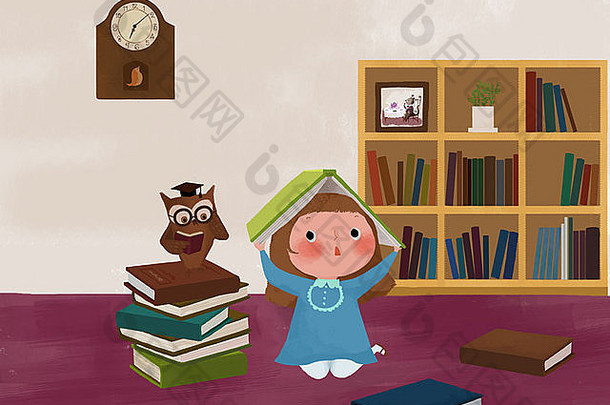 女孩头顶着书，猫头鹰坐在书上