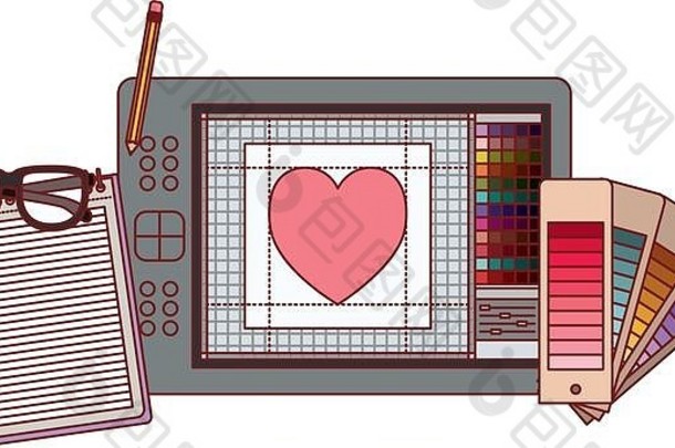 笔记本电脑、设计工具和平板电脑数字化仪，彩色轮廓，红色轮廓