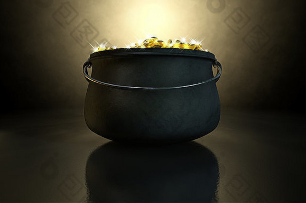 一个铸铁罐，装满金币和神奇的火花，背景是阴暗诡异的聚光灯