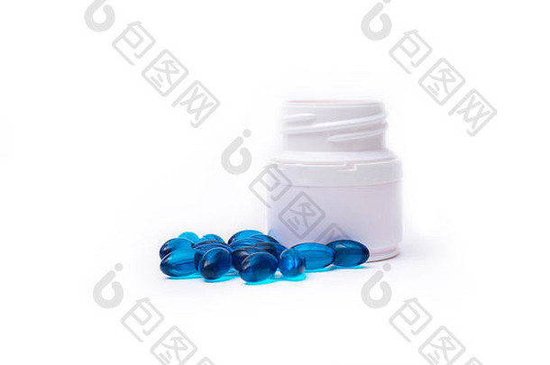 白色背景上分离的蓝色药丸和药瓶