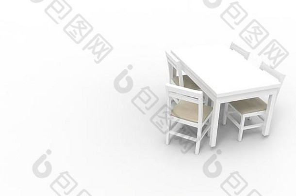 在白色工作室背景中隔离的白色桌子和椅子的3d渲染