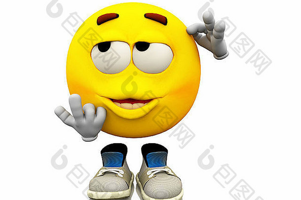 微笑，表情符号。面部表情。带着鞋子的大眼睛，在黄色的脸上思考情感表达。