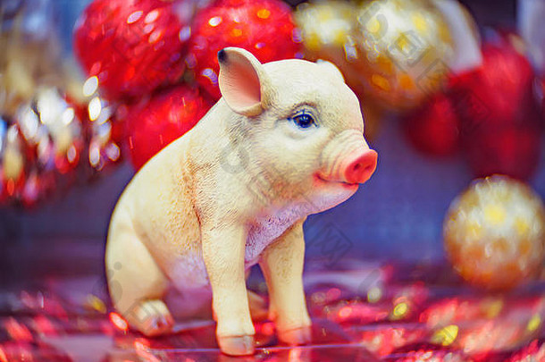 圣诞装饰品和玩具。圣诞节和新年以猪为新年象征，以柔和的焦点为背景。