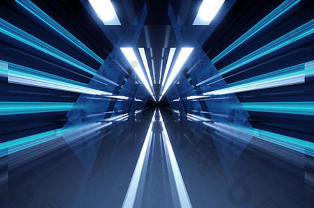 霓虹灯深色舞台结构辉光蓝色复古现代科幻未来隧道走廊走廊垃圾混凝土反射形状荧光灯