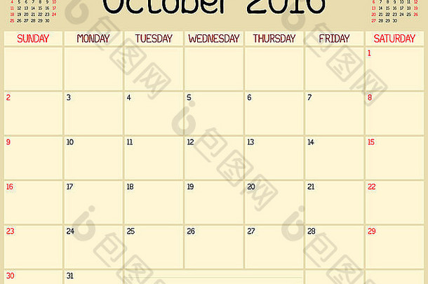 2016年10月的月度计划日历。使用自定义手写样式。