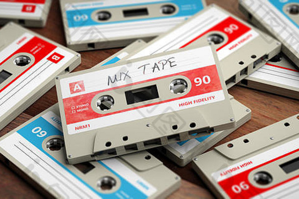s聚会，派对音乐古董音频磁带木背景混合磁带标签插图