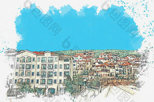 水彩草图插图视图城市街小小镇