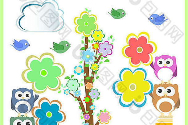 猫头鹰、鸟、树和花