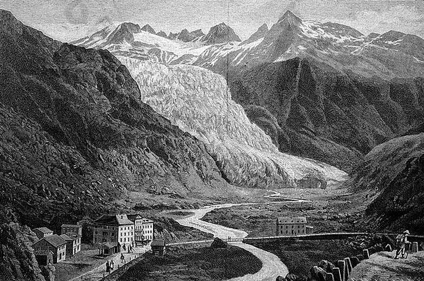 罗讷冰川，瓦莱斯，瑞士，历史上的未净化，约1886年