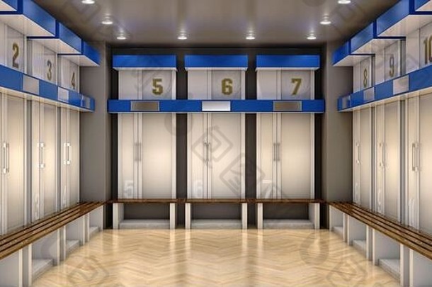 运动更衣室由带橱柜的隔间、编号衬衫、木制长凳和地板组成-3D渲染