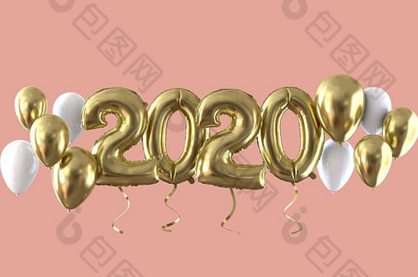 2020年新年快乐金箔气球庆典背景。三维渲染