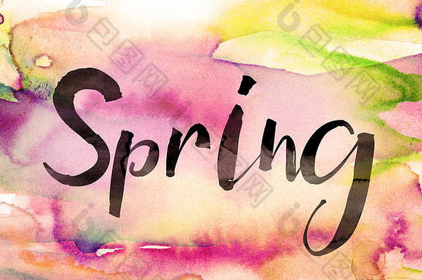 “春天”这个词用黑色颜料写在彩色水彩的背景上。