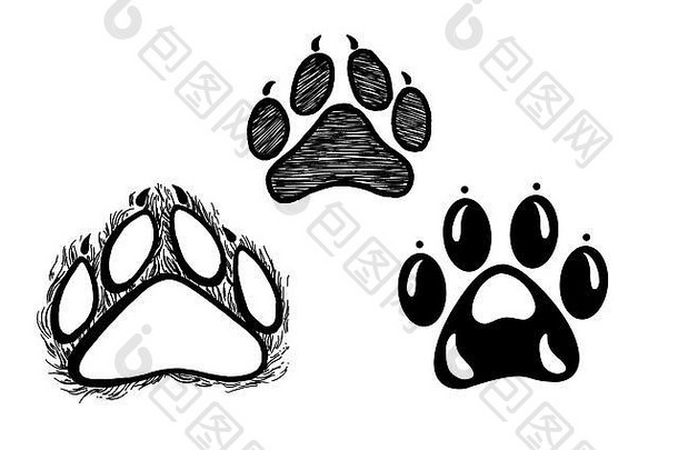 手绘动物脚印，素描图形，白色背景上的单色插图（原件，无痕迹）