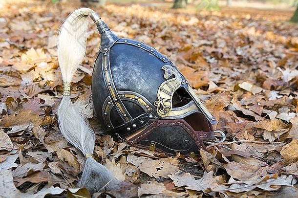 树叶上的旧伪造维京头盔。