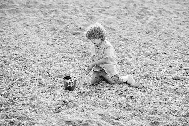 在农场玩得开心。园艺概念。<strong>孩子</strong>玩小铲子和花盆里的植物。田间种植。种苗。花园里的小帮手。那个男孩坐在地上种花。