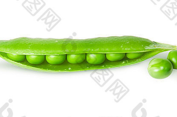 打开绿色豌豆荚和豌豆顶视图，在白色背景上隔离