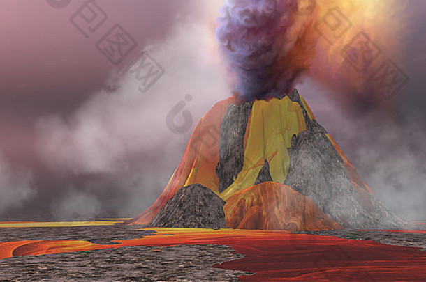熔化的岩浆从喷发的火山中流出，浓烟滚滚而上，直冲云霄。