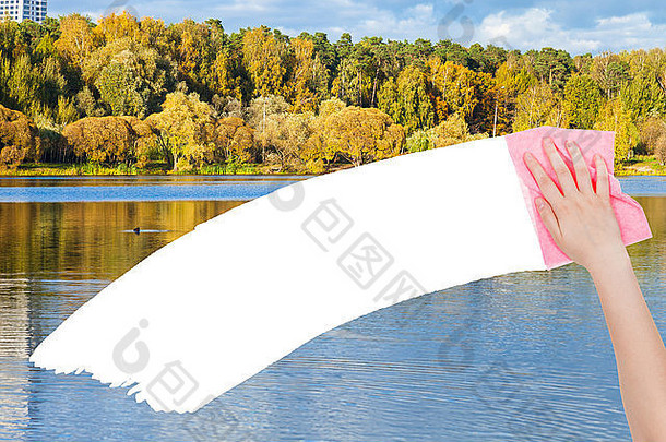 季节概念手删除秋天森林粉红色的破布图像白色空复制空间出现