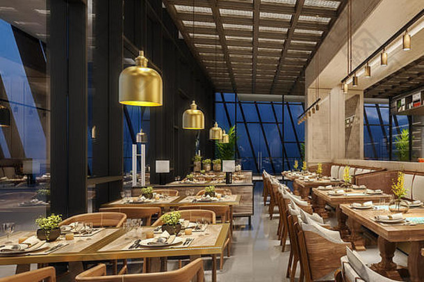 餐厅休息室的现代室内设计，带有金属丝网天花板和隐藏灯的东方阿拉伯风格，木材和青铜金颜色，3d renderin