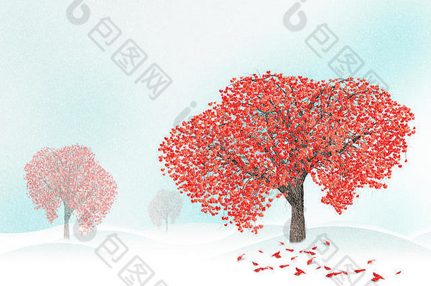 红色的心雪树冬天假期快乐情人节一天爱概念