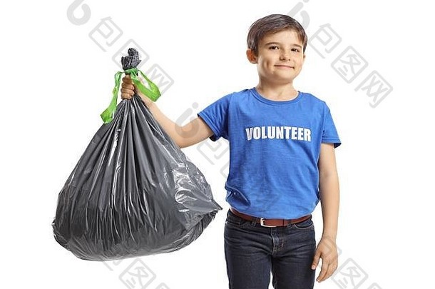 男孩志愿者持有浪费袋孤立的白色背景