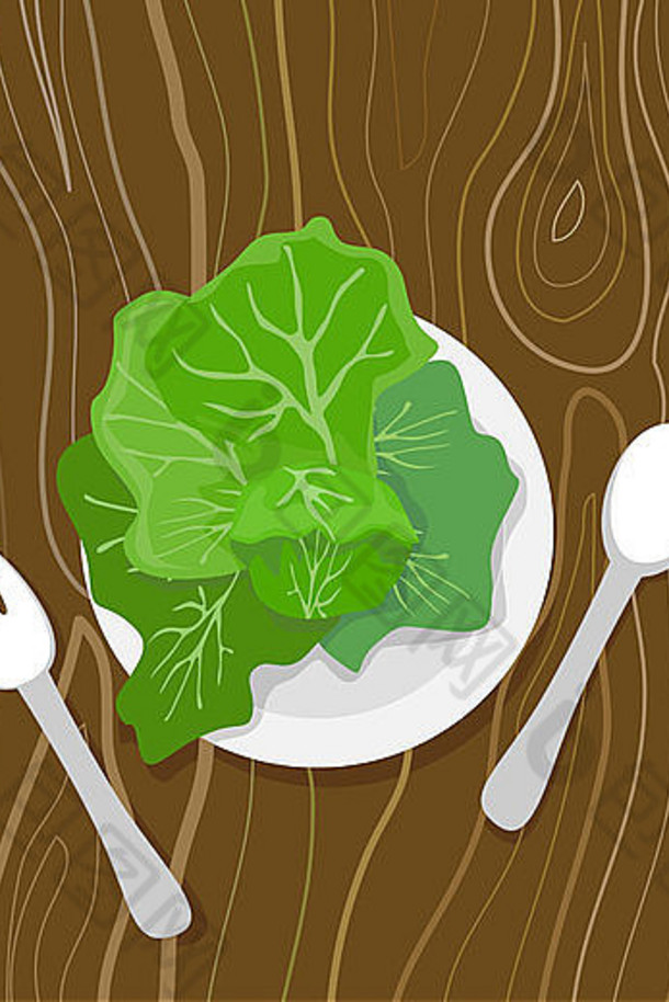 绿叶蔬菜生菜或卷心菜盘子餐具勺叉木纹背景复古风格插图