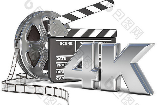 电影胶片和电影隔板。4K视频图标。在白色背景上隔离的3D渲染插图