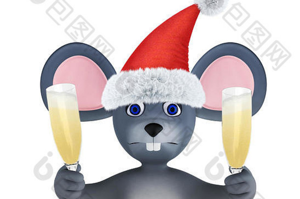 鼠年。2020年新年快乐。横幅、传单、明信片。白老鼠身上有香槟。三维渲染