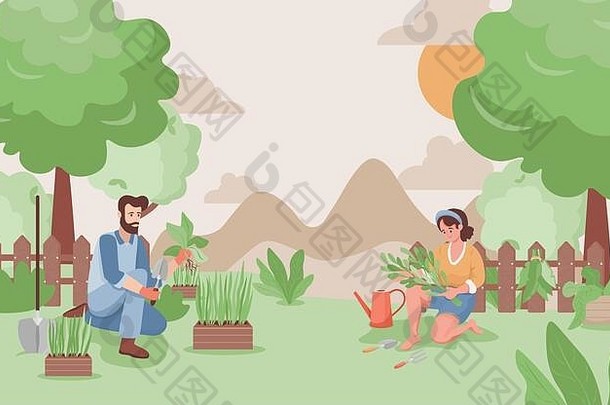 夏天，快乐的男人和女人在花园里工作。种植树木或花卉的农民或园丁。夏季乡村景观，绿树成荫，山峦起伏，灌木丛生。